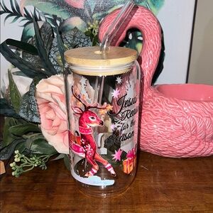 Holiday Glass Tumbler with Straw